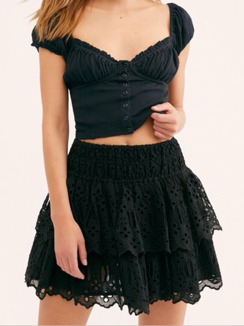 Free People Black Eyelet Lace Mini Skirt with Ruffles